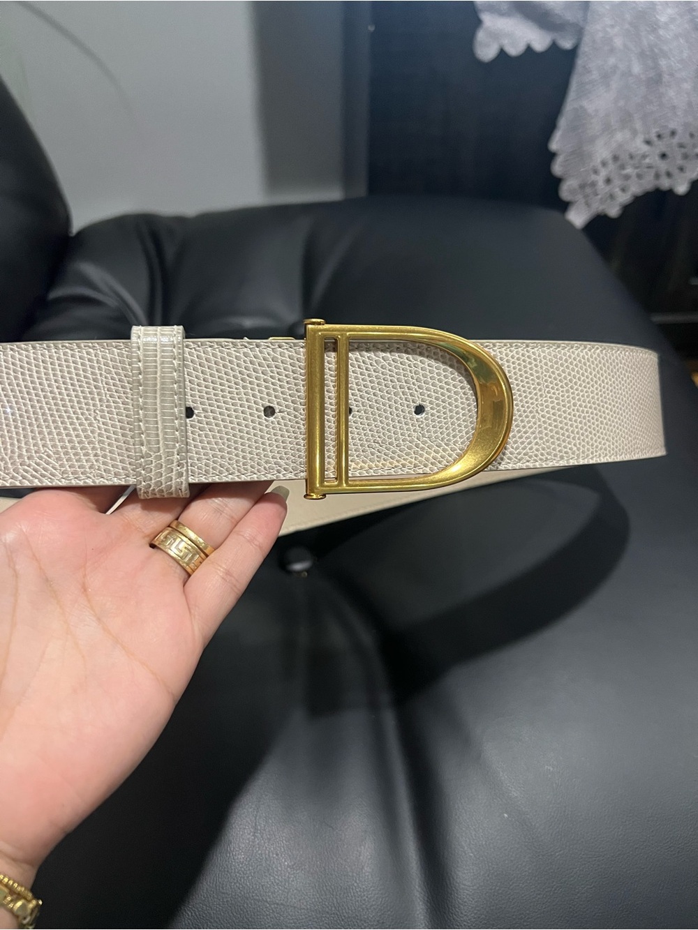 Designer-Inspired Cream/tan Leather Belt with Gold D-Shaped Buckle